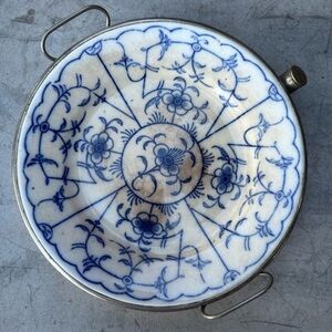 Antique / Vintage 9" Porcelain & Metal WARMING PLATE with Top Fill Hole
